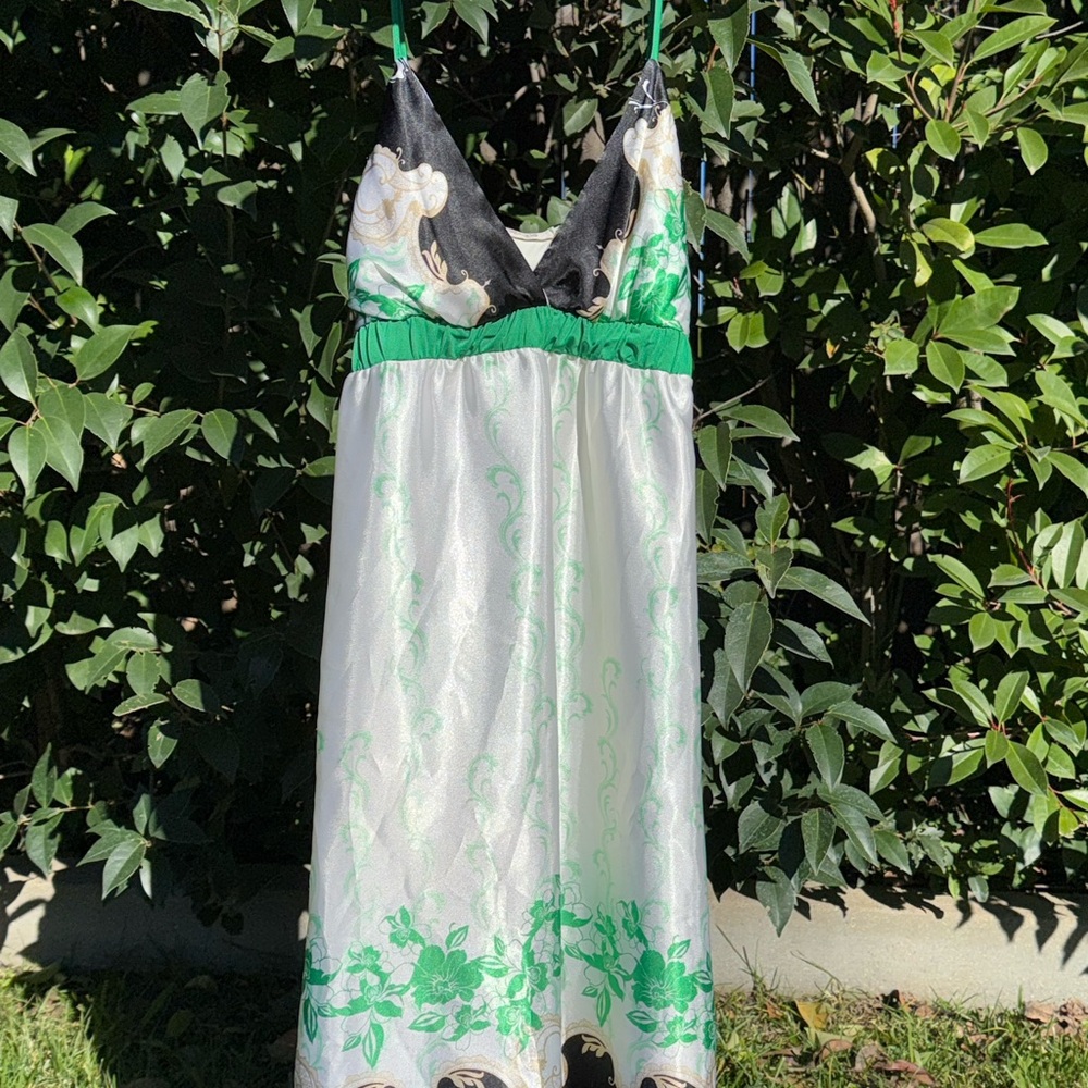ZIO Elegant Green and White Silky Dress Size Large Y2K